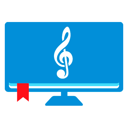 Логотип: На прозрачном фоне схематичное изображение компьютерного монитора синего цвета. Его экран выглядит как закрытая книга с белыми и голубыми страницами, в левом нижнем углу которой виднеется красный язычок закладки. В центре экрана расположено изображение скрипичного ключа голубого цвета.